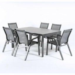 Ensemble de jardin anthracite Table extensible 160/210 et 6 fauteuils empilables Aluminium double