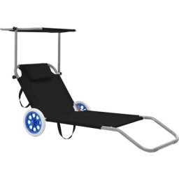 Chaise longue pliable | Bain de soleil Transat avec auvent et roues Acier Noir 17013 - Noir