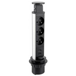 Bloc multiprise rétractable à encastrer avec 3 prises de courant 230V et 2 prises usb a/a 5V 2,4A