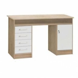 Bureau droit a clés avec 1 porte et 4 tiroirs - Décor chene et blanc - 126 x P 55 x H 76 cm