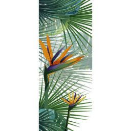 Sticker porte, feuilles tropicales, entre les fleurs oranges, oiseaux du paradis, 240 cm x 83 cm
