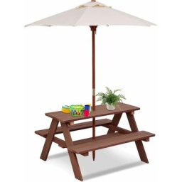 Costway - Table de Pique-Nique pour Enfants avec Parasol Amovible, Salon de Jardin d'Extérieur