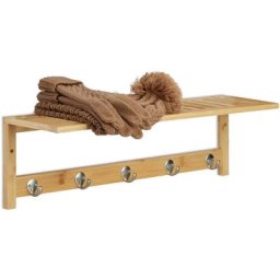 Tagère murale patères, bambou, HxLxP: 18 x 62 x 16 cm, porte-serviette, portemanteau, 5 crochets,