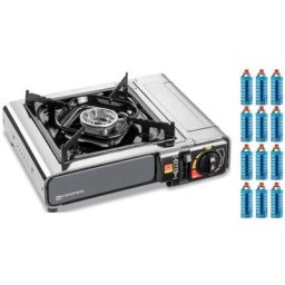 Réchaud à gaz Kemper inox 2200W + 12 Cartouches gaz Allumage piezo Sécurité insert gaz