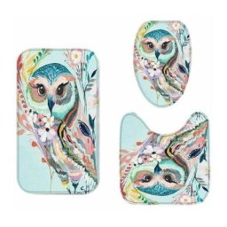Ensemble de tapis 3 pièces. Tapis de Bain Antidérapant Polyester Ultra Doux Hibou Coloré