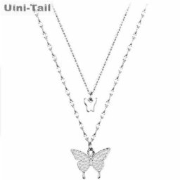 Uini-queue de papillon double couche en argent tibétain 925 collier micro-incrusté tendance fée