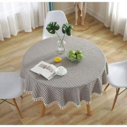 Nappe Ronde Japonaise, Tissu de Lin Couverture de Table Simple Nappe à Franges Rayée Décor de Table