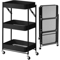 Bakaji - Chariot de Cuisine Pliant Slim 3 Étagères Chariot de Service en Métal 4 Roues Noir