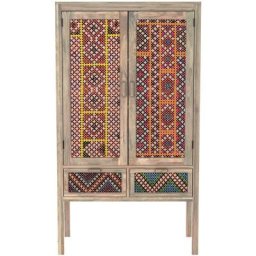 Armoire 2 portes 2 tiroirs en manguier et cannage coloré - Massaï - Marron