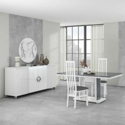 Marika - Buffet 4P avec Leds + Table 160cm Effet Pierre - Blanc