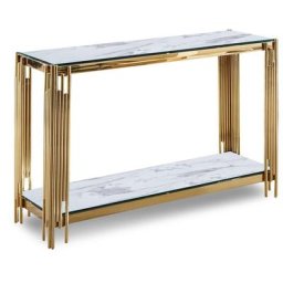 Lexie - Console design en verre blanc effet marbre et métal doré - Blanc