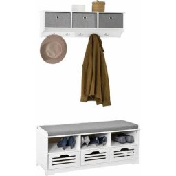 FRG282-W + FSR36-W Meuble d'Entrée Ensemble Portemanteau Mural 3 Tiroirs + Banc de Rangement avec