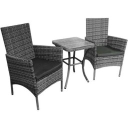 Set Mobilier Bistro Luxe 3 Pièces Rotin Table Verre Trempé 2 Chaises Confortable Terrasse Jardin
