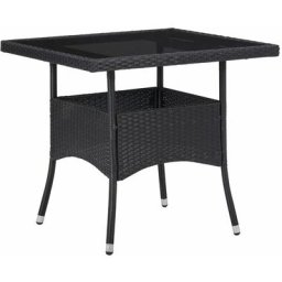 Table à manger d'extérieur Noir Résine tressée et verre