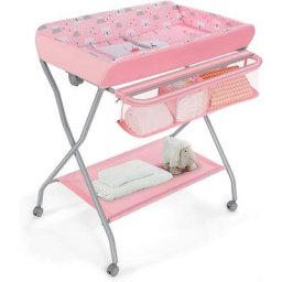 Table à Langer 4 en 1 pour Bébé, Station à Langer en Fer avec Panier de Rangement et Roues