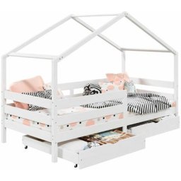 Lit cabane ena lit enfant simple 90 x 200 cm, avec 2 tiroirs de rangement, en pin massif lasuré