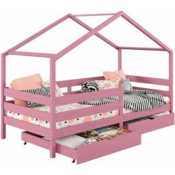 Lit cabane ena lit enfant simple 90 x 200 cm, avec 2 tiroirs de rangement, en pin massif lasuré