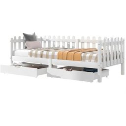 Merax - Lit cabane 200x90cm avec 2 tiroirs en mdf, Canapé-lit, Sommier à lattes en pin, Blanc