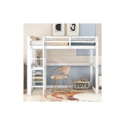 Lit Mezzanine - Lit d'enfant Cadre de Lit en Pin + 4 Compartiments de Rangement + 1 Plateau de