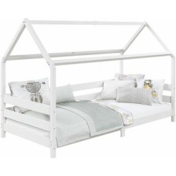 Lit cabane fina lit simple pour enfant 90 x 190 cm, avec barrières de protection sur 3 côtés, en