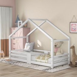 Lit d'enfants en Bois de Pin Lit Maison Cabane avec Sommier à Lattes Protection Anti-Chute, 90 x