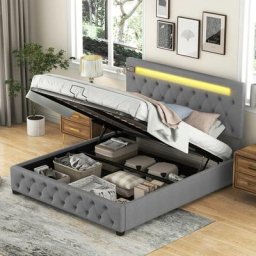 Lit coffre capitonné 140 x 200cm avec éclairage LED, port de charge USB, lecteur Bluetooth, tête de