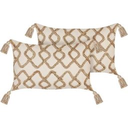 Beliani - 2 Coussins Motif Géométrique et Pompons 30 x 50 cm en Coton Jute Beige Incana - Beige
