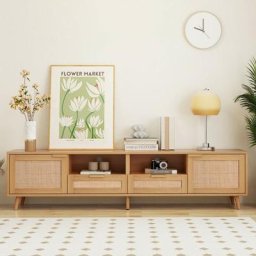 Dolinhome - Meuble tv en rotin tressé avec espace de rangement, 200x37x49cm, couleur chêne