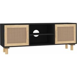 Meuble tv Noir 105x30x40cm Bois de pin massif et rotin naturel Vidaxl Noir