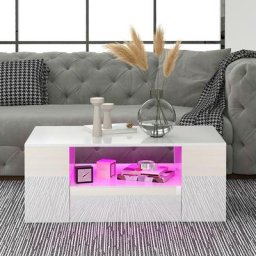 Table basse moderne haute brillance, blanc avec lumière led réglable 2 tiroirs et 2 étagères Canapé