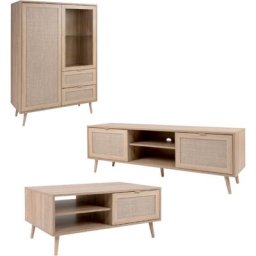 Ensemble de salon Impression Rotin avec 1 Meuble TV, 1 Table basse et 1 Vaisselier - Bali