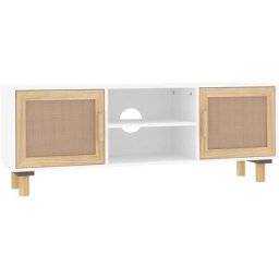 Meuble tv Blanc 105x30x40cm Bois de pin massif et rotin naturel Vidaxl Blanc