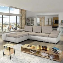 Lohan - Canapé d'angle convertible coffre de rangement en tissu beige et simili blanc - Angle