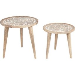Lot de 2 Tables d'Appoint Claires en Bois de Manguier à Plateau Sculpté Sakita - Bois clair