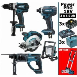 Makita - Pack Power pro 18V: DDF458 DHR202 DSS610 DTD152 Projecteur 3 batt 5Ah 3 coffrets offert 1