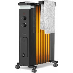 Radiateur à Bain d'Huile Portable 7 Éléments 1500W avec Porte-Serviette 3 Niveaux de Puissance,
