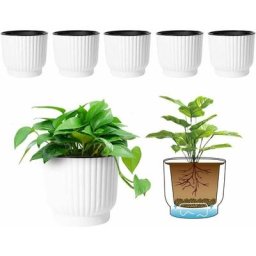 6pcs Bac à Fleurs Auto-Irrigation Plastique Rond - Blanc, Pot avec Réserve d'eau Pot avec Système