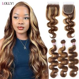 Bundles de vague de corps de surbrillance avec fermeture faisceaux de cheveux humains Remy