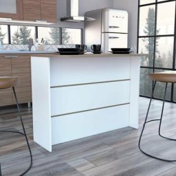 Ilot de cuisine Fendi, avec trois étagères, 90 cm h x 120 cm l x 60 cm p, Blanc / Châtaigne