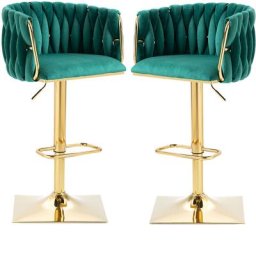 Tabouret de bar pivotant en velours Set de 2 avec dossier tissé à la main chaise de bar réglable en