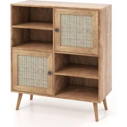 Buffet Cuisine, Meuble de Rangement avec 2 Placards 4 Compartiments, Porte Cannage, Pieds en Bois
