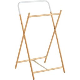 Porte-serviettes en bambou et métal - 2 barres de penderie - Naturel, blanc - 84x45x36cm