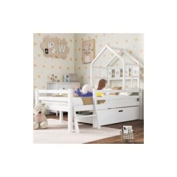Lit cabane enfant avec échelle et tiroirs, sommier à lattes inclus, lit mezzanine en bois massif