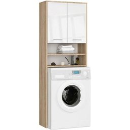 Mueble pour machine à laver Chêne Sonoma 64 cm 2 portes façade Blanche Brillante 4 étagères