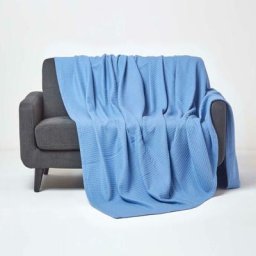 Couverture en coton Bio gaufré coloris Bleu, 178 x 228 cm - Bleu - Homescapes