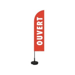 Drapeau publicitaire 'ouvert' de dimensions 255 x 60 cm avec son kit socle plastique et mât