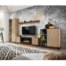 Ensemble de 4 meubles de salon avec cheminée décorative collection nielsen. Coloris chêne et noir.