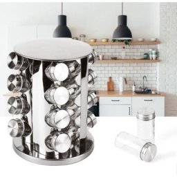 Bathrins - 16 pots à épices argent avec support rotatif 18.5*18.5*26cm - Inox