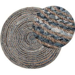 Tapis Rond Tressé Rustique ø 120 cm en Jute et Coton Bleu/Beige Maslak - Gris