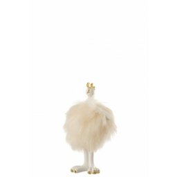 Figurine décorative poule debout en résine et peluche ivoire 20x11x7cm - Blanc